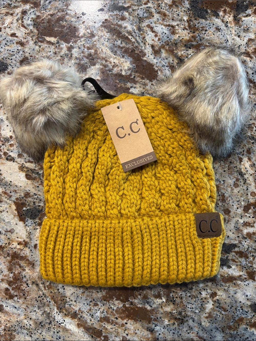 C.C Mustard Yellow Knit Beanie with Faux Fur Double Poms